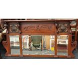 Mahogany Art Nouveau mirrored dresser back with bevelled edges.