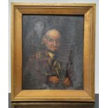 Vintage oil on board painting of a gentleman playing bagpipe needing a clean.