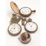 A collection of 3 pocket watches together with George VI tape measure.