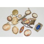 Box of antiques shell cameos micro mosaic broochies.