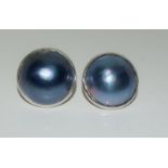Large real grey mabe pearl and silver earrings.