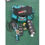 Makita toolbag with Makita battery charger, four batteries and other tools (HP).