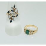 Two 14ct gold diamond/emerald rings, sizes N.