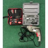 Collection of tools to include Wickes drill, socket set and tool kit (REF 111, 129, 130)