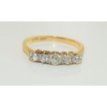 18ct yellow gold five stone diamond ring. Size P.