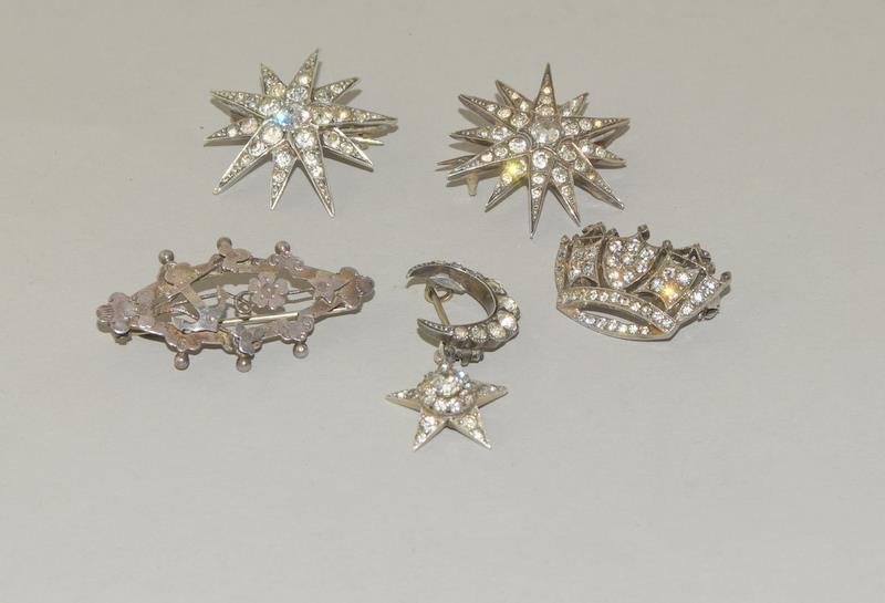 5 x Victorian Silver and Paste Sweetheart Brooches.