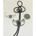 A Vintage Navajo Native Indian LMB Silver & Turquoise Brooch together with a Turquoise Bangle and