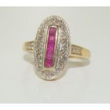Ladies Deco style Diamond and Ruby 9ct Gold Ring.