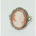Deco Carved Shell Cameo Silver Marcasite Ring, Size R.