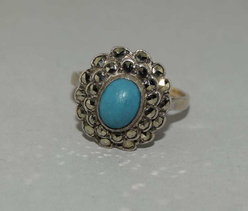 Art Deco Turquoise Marcasite 9ct Gold /Silver Ring, Size O.