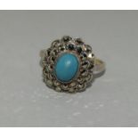 Art Deco Turquoise Marcasite 9ct Gold /Silver Ring, Size O.