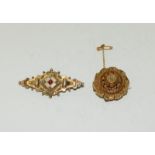 Antique Victorian Ruby & Pearl 9ct Gold Mourning Brooch with another Pearl Target Brooch.