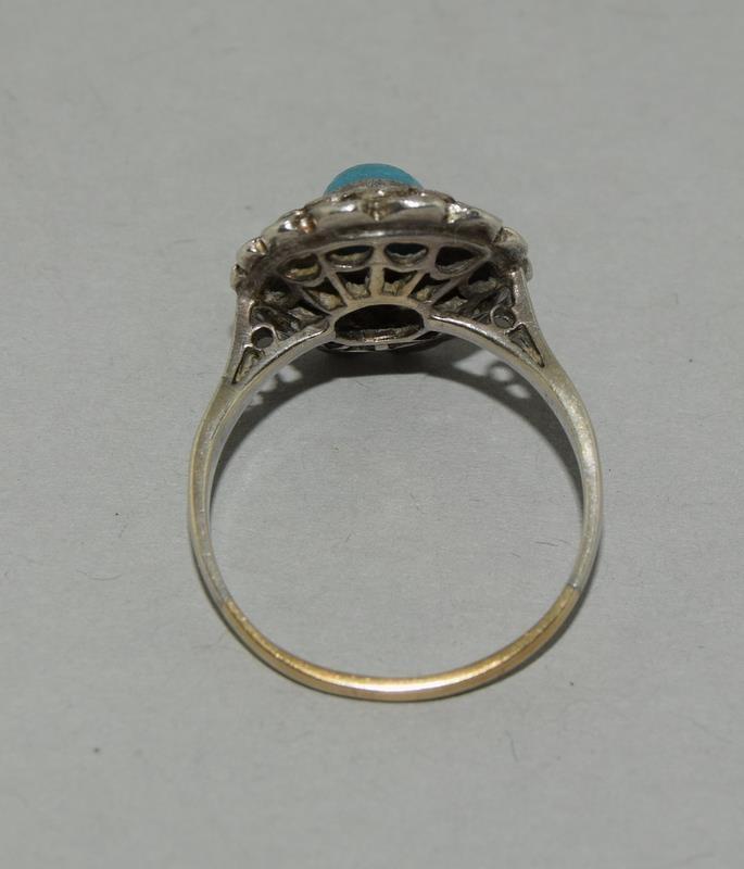 Art Deco Turquoise Marcasite 9ct Gold /Silver Ring, Size O. - Image 3 of 3
