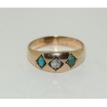 Gold Turquoise and Diamond Ring, Size O. (NI019)