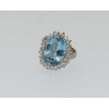 A Large Vintage Aquamarine & Diamond Platinum or 18ct White Gold Cluster Ring, Size N. Central