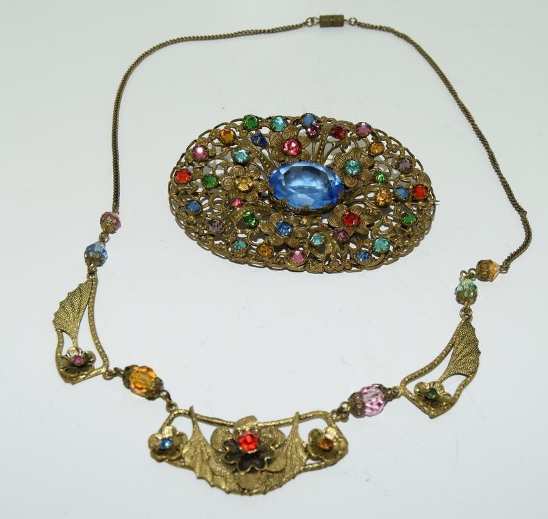 Czech crystal Egyptian Revival necklace and brooch.