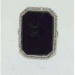 Large Art Deco Black Onyx Silver Marcasite Ring, Size Q.