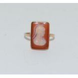 Antique Victorian Fine Hand Carved Hardstone Cameo Solid Gold Ring, Size R. Cameo measuring 18mm x