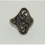 Large Ornate Art Deco Silver Marcasite Ring, Size N.