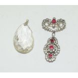 Art Deco Diamond & Ruby Paste on Silver Drop Brooch together with an Art Deco Rock Crystal Drop