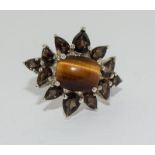 Large tigers eye smoky quartz 925 silver ring size O