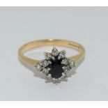 9ct Gold Sapphire & Diamond Cluster Ring. Size O