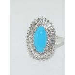 Large turquoise accent and diamond 925 silver cocktail ring size Q