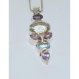Large amethyst and Topaz 925 silver pendant on chain