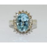 Large blue white Topaz 925 silver cluster ring size R