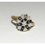 Vintage 9ct gold sapphire and diamond cluster ring. Size P.
