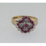 9ct Gold Diamond & Ruby Cluster Ring. Size O