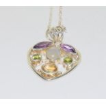 Large moonstone multi gemstone 925 silver heart-shaped pendant