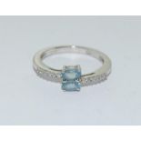 9 carat white gold ladies diamonds aquamarine set ring size N