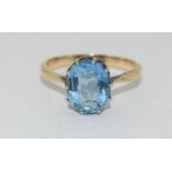 9ct Gold and Silver Solitaire blue stone ring. Size M