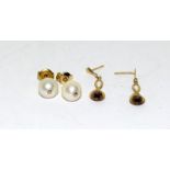 A pair of gold Akoya salt water cultured pearl stud earrings together with a pair of 9ct gold garnet