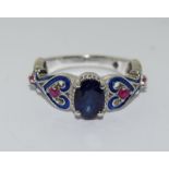 Enamelled sapphire and Ruby 925 antique design silver ring size Q