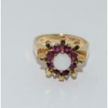 9ct Gold Antique Set Garnet & Opal Ring. Size L