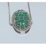 Emerald and diamond 925 silver pendant and chain