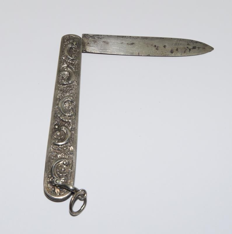 Silver Hallmarked Embossed Handled Fruit Knife together with a Silver Napkin Pin - Image 4 of 7