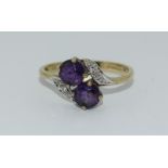 9ct Gold Antique Set Amethyst & Diamond Chip Twist Ring, Size L