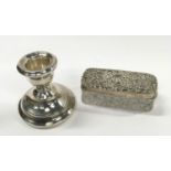 Silver Topped Ring Box - Hallmarked Birmingham 1903 and a Small Silver Candlestick.