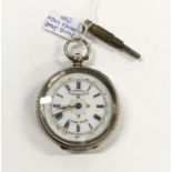 Ladies Swiss Made Silver Key Wound Fob Watch with Highly Decorative Engraving and Enamel Face.