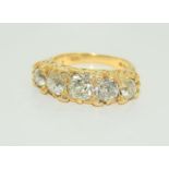 18ct Yellow Gold Antique Set 5 Stone Diamond Ring approx 3.2ct, Size M