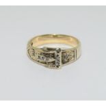 9ct Gold Gents Buckle Ring Fitted with Diamonds. Size T