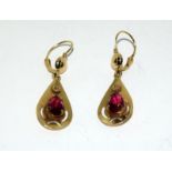 18ct Gold red stone earrings - 1960s.