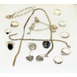 Collection of silver jewellery to include rings, chains, earrings etc