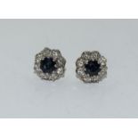 Pair Diamond Sapphire Earrings Approx 1ct Diamond on Yellow Metal surrounds.