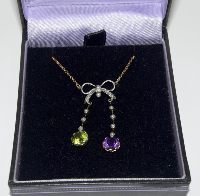 9ct Gold and Silver Antique Suffragette Diamond and Amethyst pendant. - Image 3 of 4