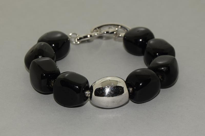 Black Onyx Accent Diamond 925 Silver Bracelet.