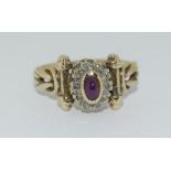 9ct Gold Antique Set Diamond & Cabochon ruby Ring. Size P